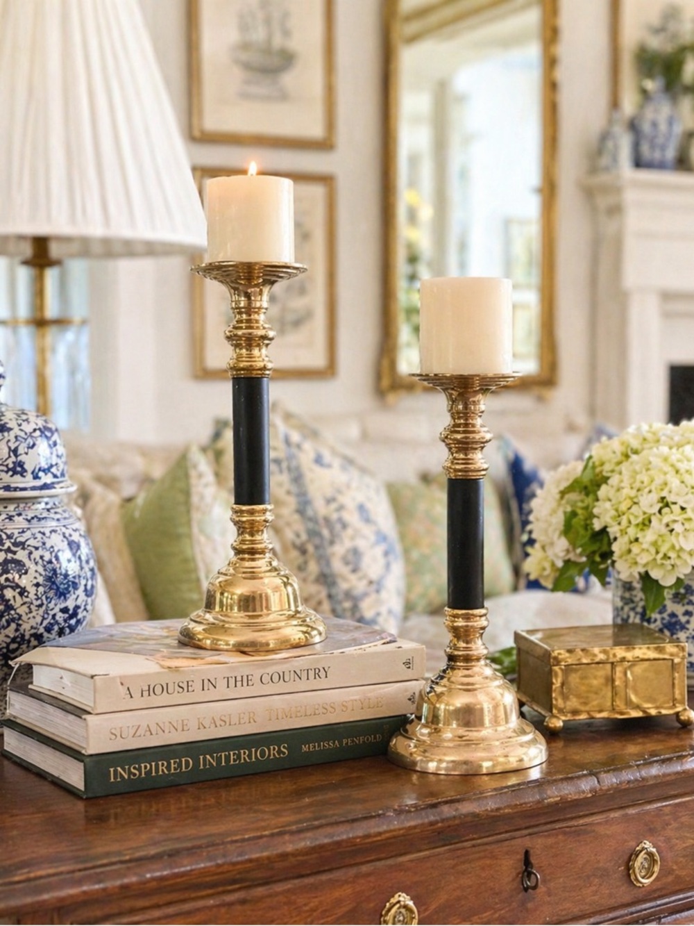 Pair Brass & Black Candlesticks-Hollywood Regency